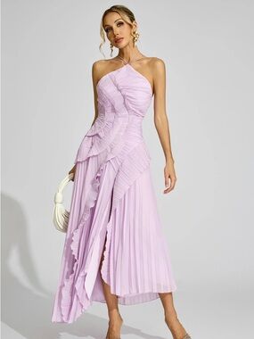 Viral TikTok Frosted Lilac Pleated Ruffle Halter Maxi Dress Gown - US 6 NWOT